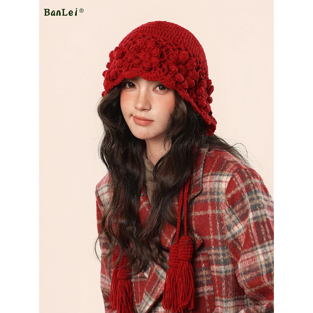 新款红色镂空针织帽子女秋冬显脸小包头冷帽民族风流苏手工毛线帽
