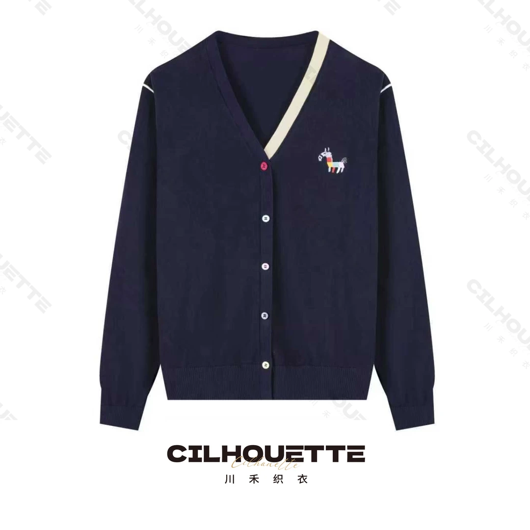 川禾织衣 早秋撞色刺绣小马彩虹扣V领套头100%兰精天丝长袖针织衫