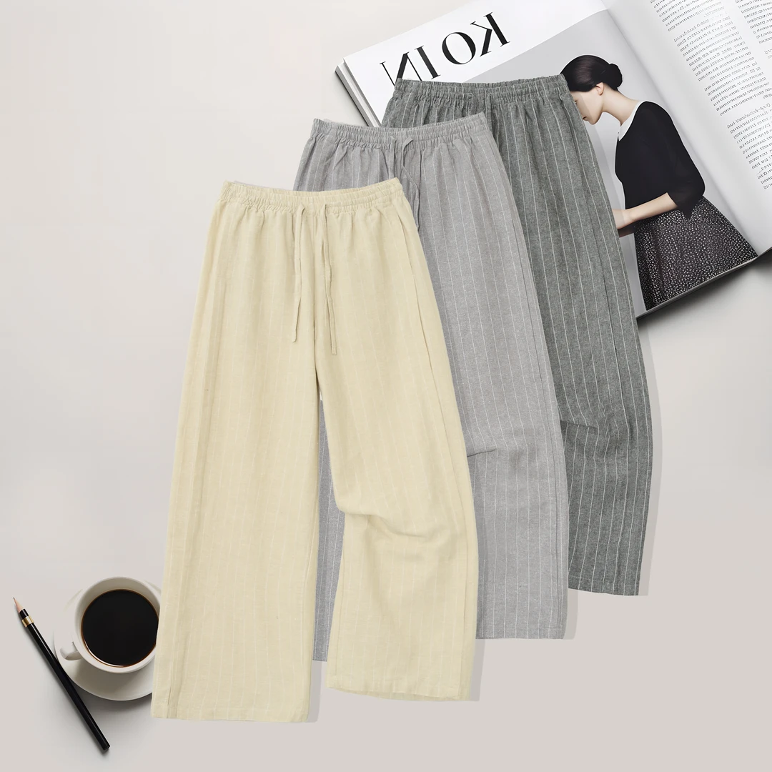 松紧腰条纹柔软舒适设计感女直筒舒适透气休闲裤设计感百搭YS199