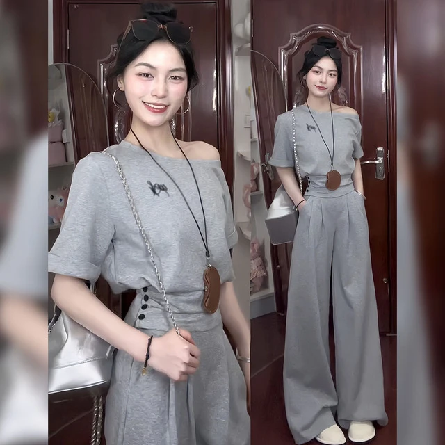 清纯系夏日ootd又酷又飒的穿搭套装灰色掐腰斜肩两件套2025新款女