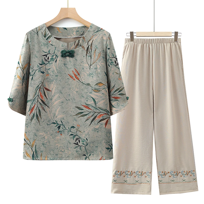 8980妈妈装夏款七分袖洋气套装中老年女装新中式国风两件套