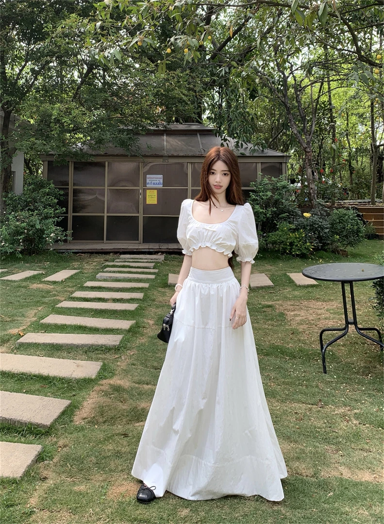 温柔风套装甜美白色u领短袖衬衫女夏季穿搭高腰半身裙长裙两件套