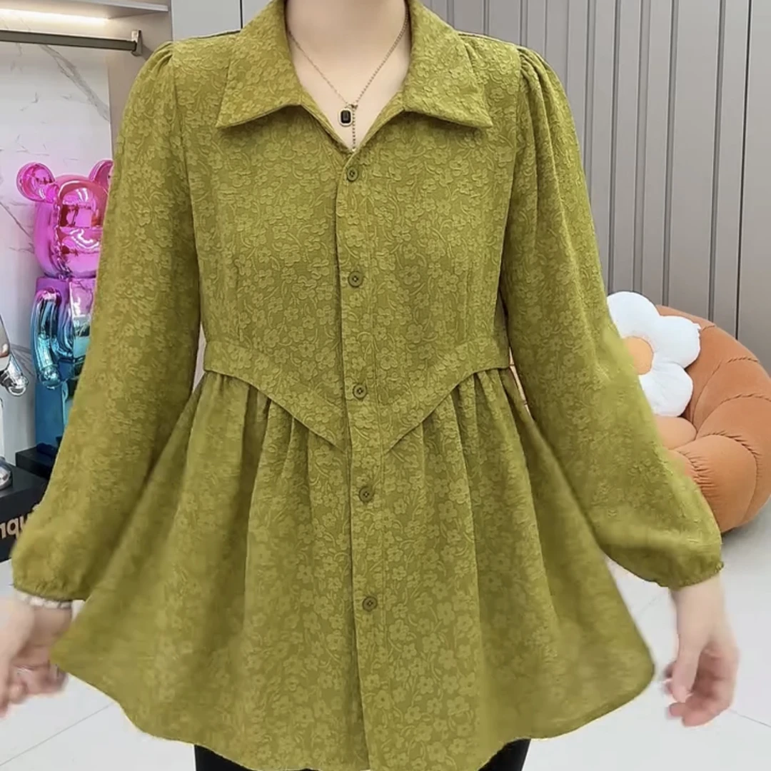 9098*大码时尚衬衫领宽松型长袖常规气质洋气显瘦长袖衫