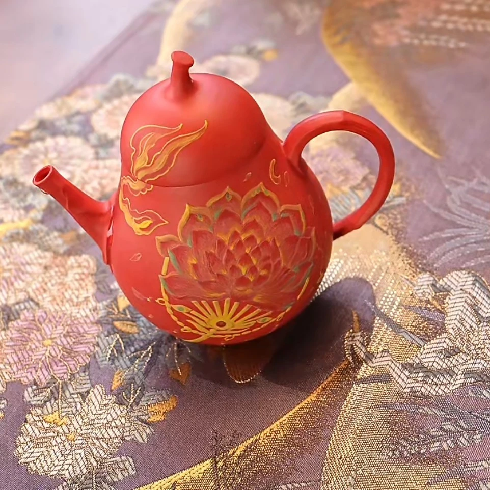 念一《莲花扇》火焰红梨形壶 茶壶精美手绘宜兴紫砂壶