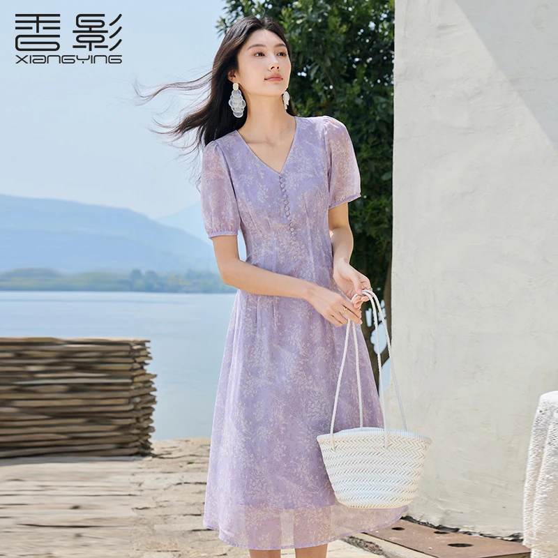 L85S663连衣裙 香影法式v领雪纺连衣裙夏季新款中长款紫色碎花裙