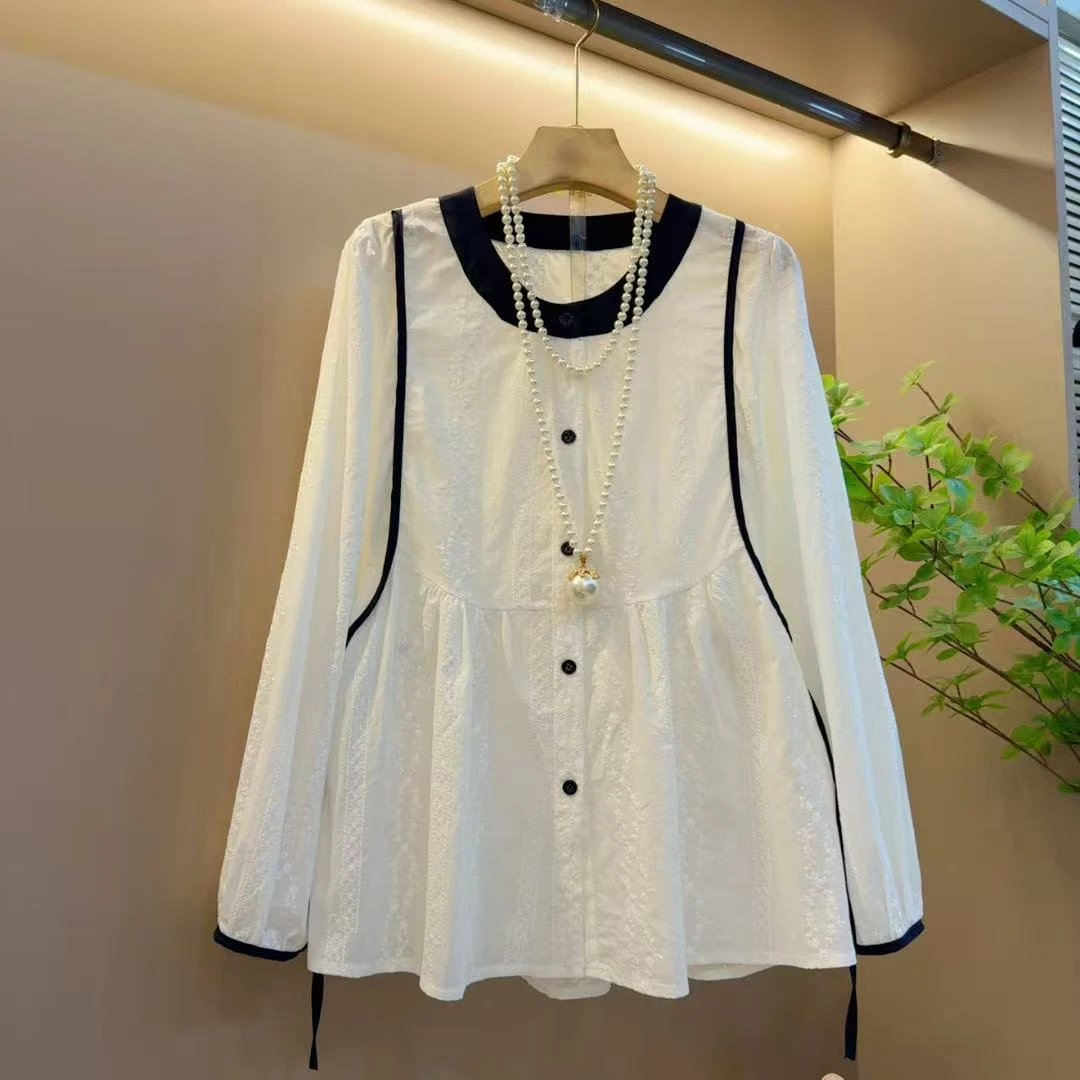 简约新款百搭气质拼接绣花圆领设计感显瘦休闲上衣（长64左右）