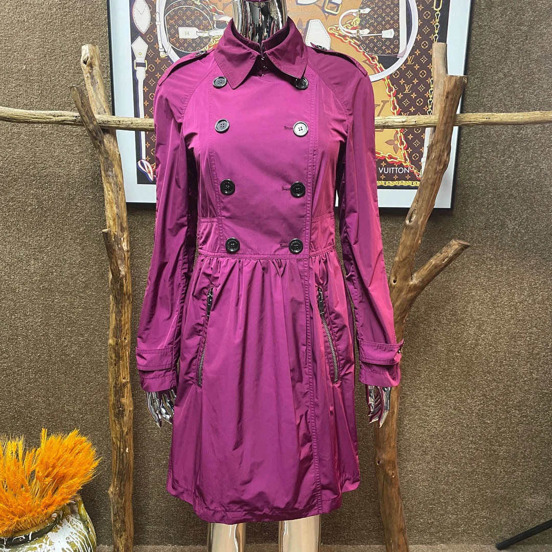 99新 BURBERRY/博柏利 玫红色翻领双排扣收腰风衣 UK8 /40732