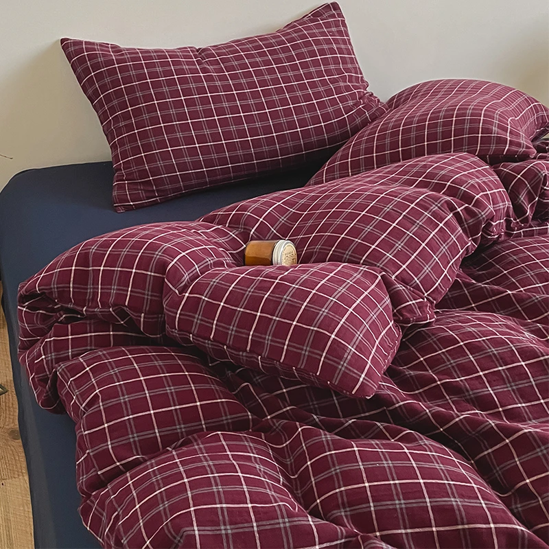 高级感全棉双层纱床上用品四件套纯棉色织简约格子被套床单三件套