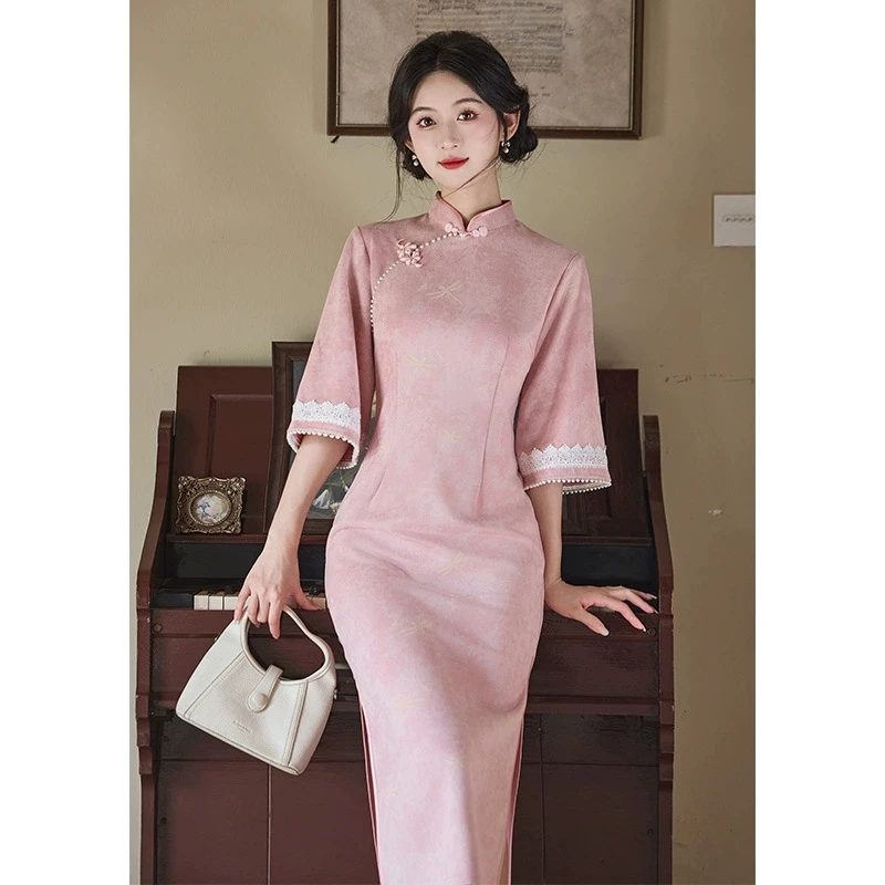 2025秋季年新款长款年轻款少女日常可穿改良连衣裙黄色倒大袖旗袍