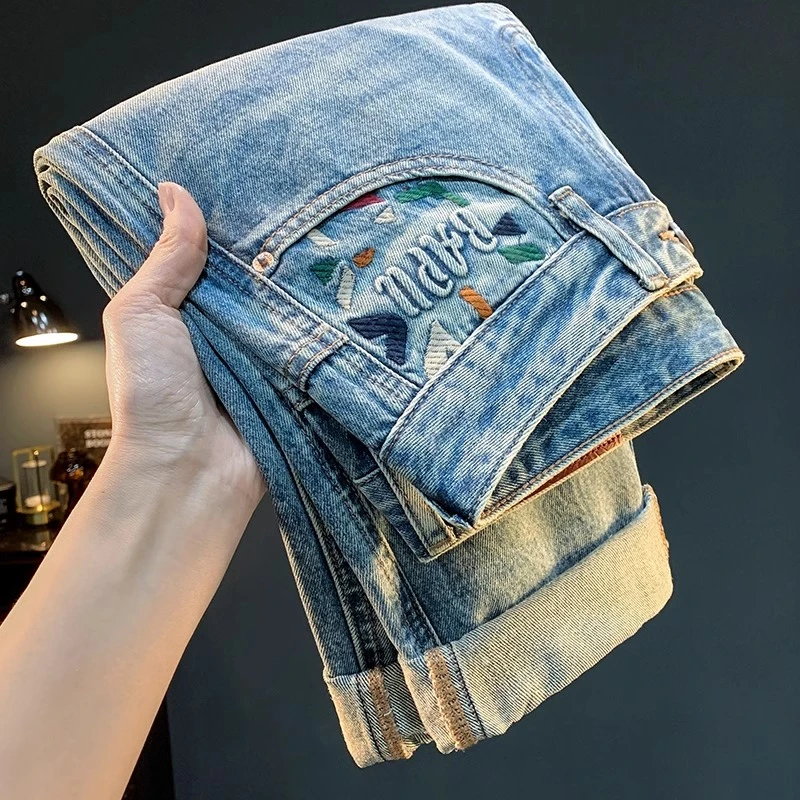 2025新款牛仔裤美式休闲潮牌宽松显瘦哈伦裤中腰绣花痞帅男裤1146