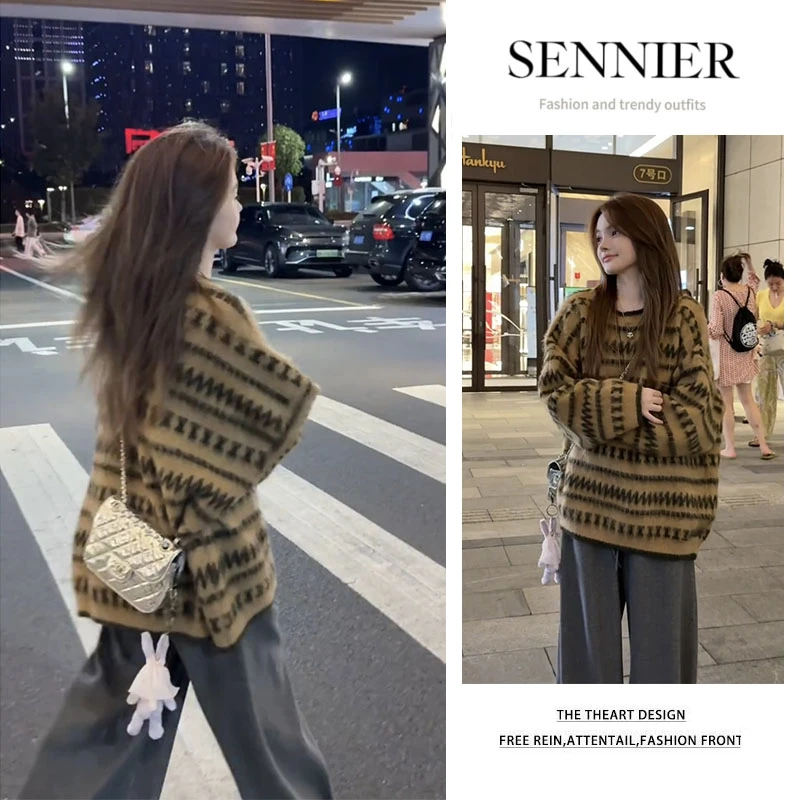 秋季穿搭一整套2025新款韩版宽松长袖针织衫显瘦阔腿休闲裤两件套