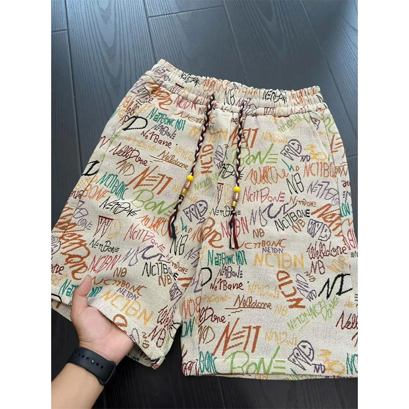 字母涂鸦针织短裤男夏季薄款潮牌美式满印裤子复古沙滩度假五分裤