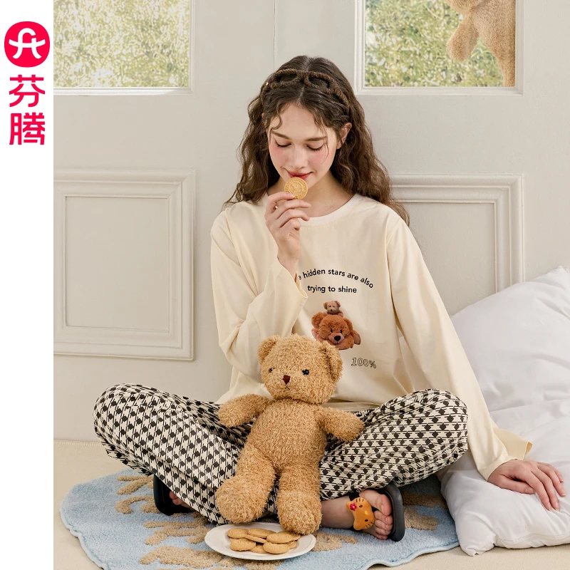 芬腾新款睡衣女款春秋季纯棉圆领长袖套装全棉休闲可爱大码家居服