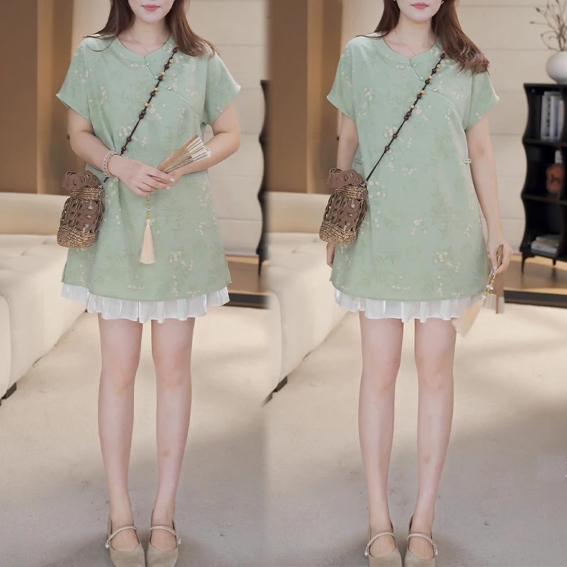 2025夏季提花新中式衬衫夏季 斜襟盘扣小衫+气质流光沙半身裙洋气