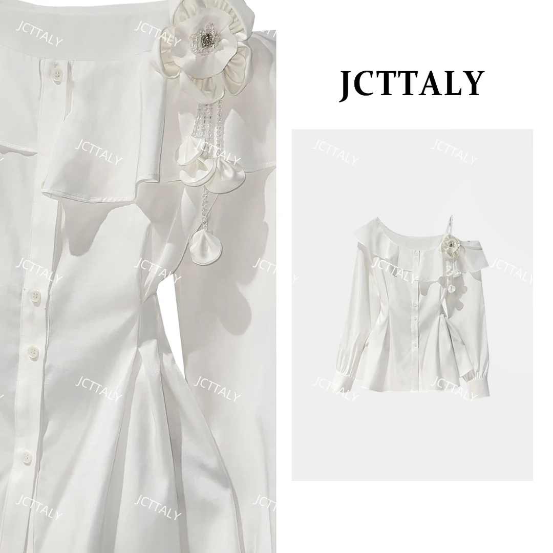 【宠粉价】流苏气质成人秋季花朵斜肩衬衫衬衣荷叶边JC-A4418