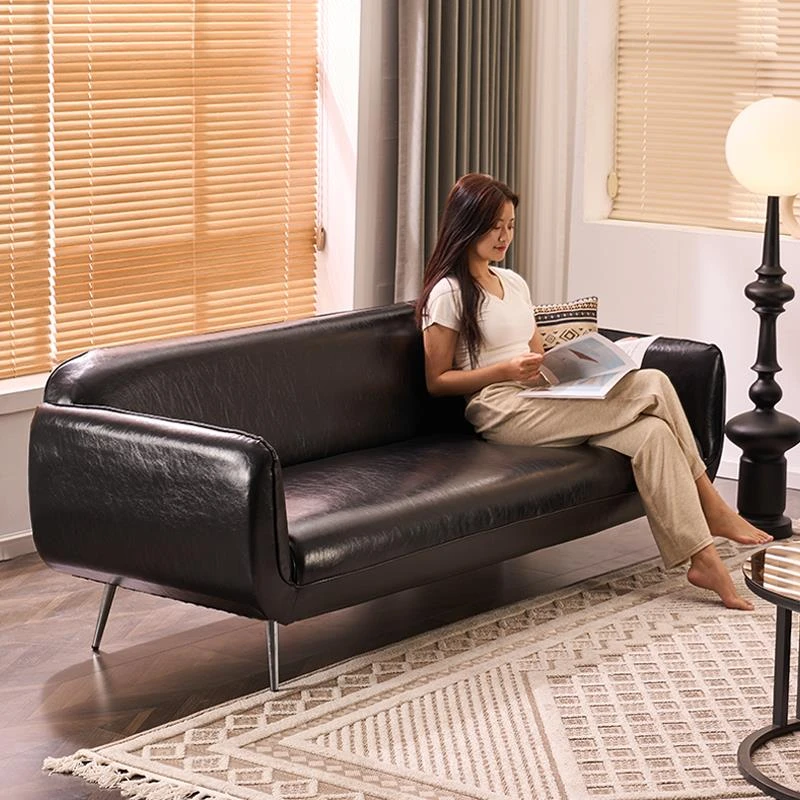 复古风沙发小户型客厅出租房黑色油蜡皮服装店休息区接待双人沙发