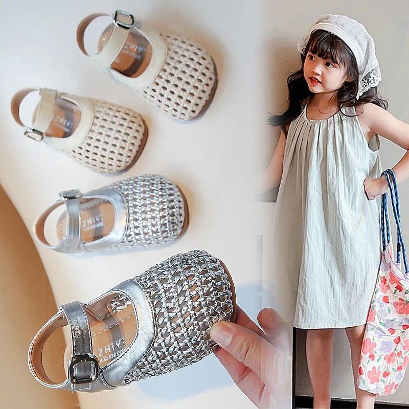 女童简约纯色包头凉鞋2025夏季新款韩版时尚镂空编织宝宝软底单鞋