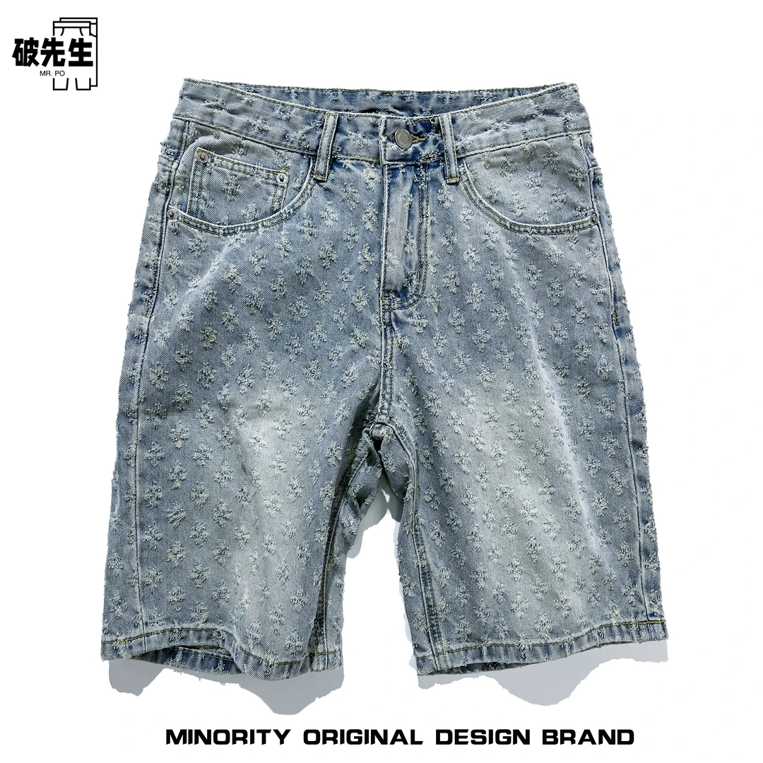 Mr.po/破先生高级猫抓勾花设计vibe潮牌牛仔短裤男宽松直筒五分裤