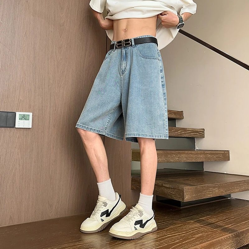 夏季新款男士休闲百搭透气阔腿直筒牛仔短裤薄款宽松潮流青少年