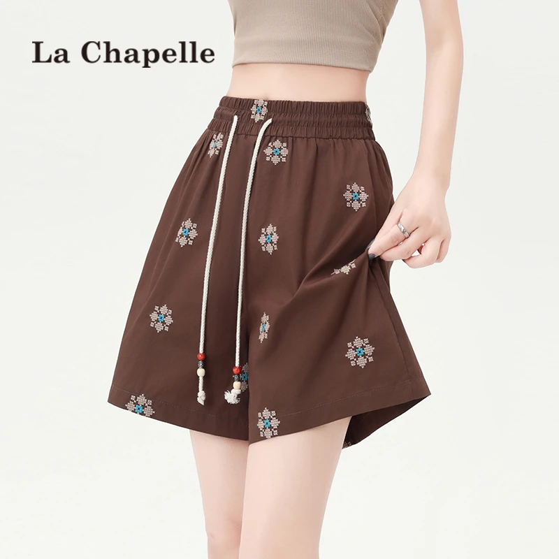 拉夏贝尔度假风冰丝休闲短裤女夏季高腰宽松a字绣花阔腿五分裤子