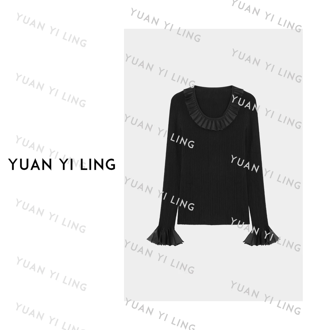 袁艺灵【法式浪漫】秋冬低圆领木耳边纯色喇叭袖针织打底衫9332