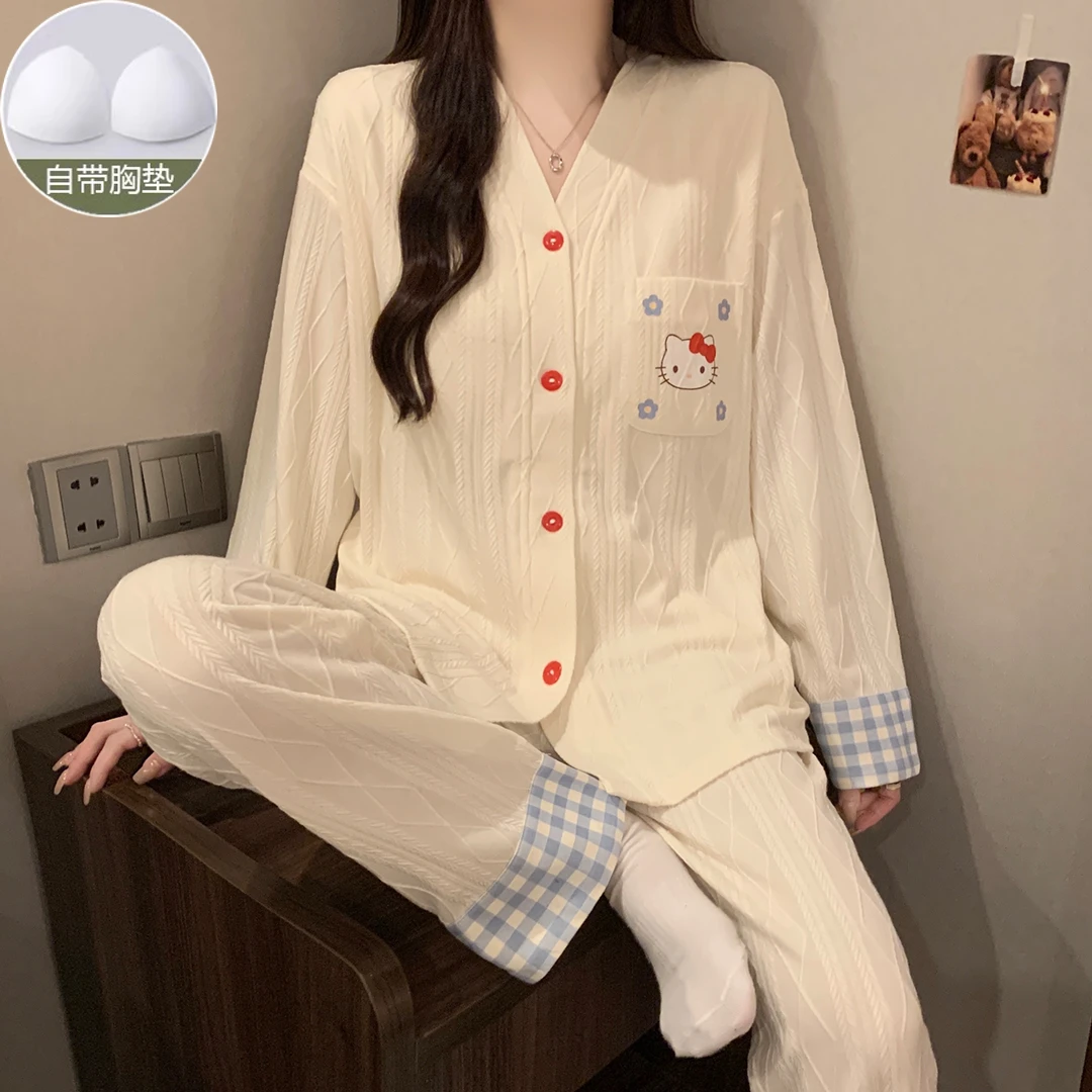 带胸垫睡衣女春秋季网红爆款甜美卡通宽松女士睡衣可外穿家居服套