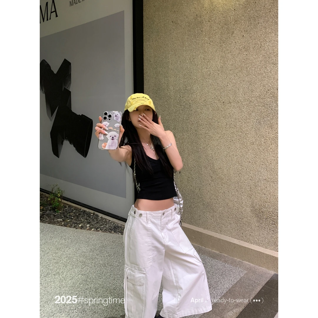 SUNONEONE 宽松工装7分裤女夏季酷飒风口袋白色休闲裤子H1017K