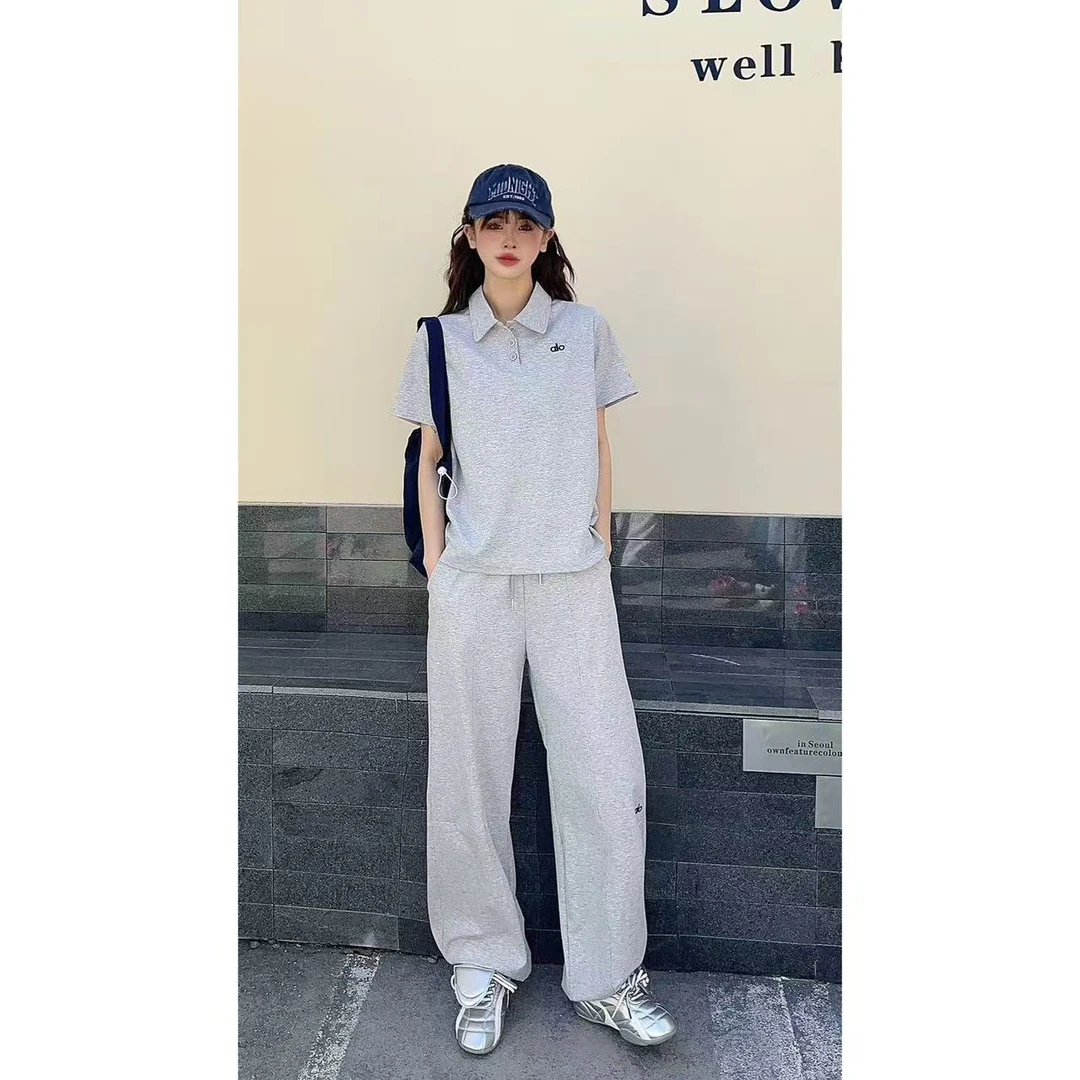 【草莓自营】时尚百搭字母刺绣翻领T恤+长裤套装