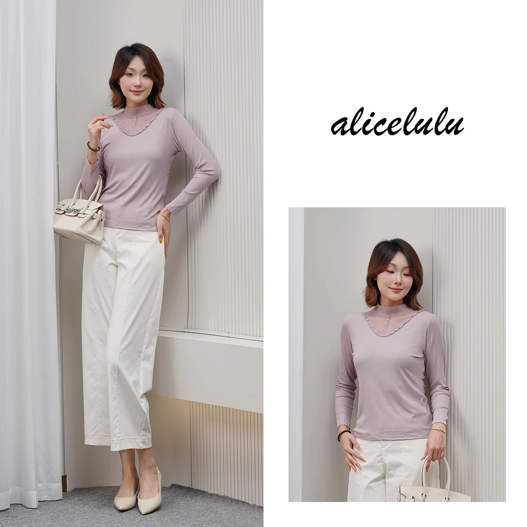 [alicelulu]优雅底色别致网纱半高领长袖打底衫S2144940T