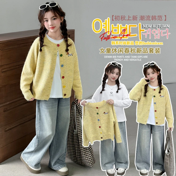 套装休闲风秋季卡通动漫女童中大童洋气针织时尚韩系宽松韩版洋气
