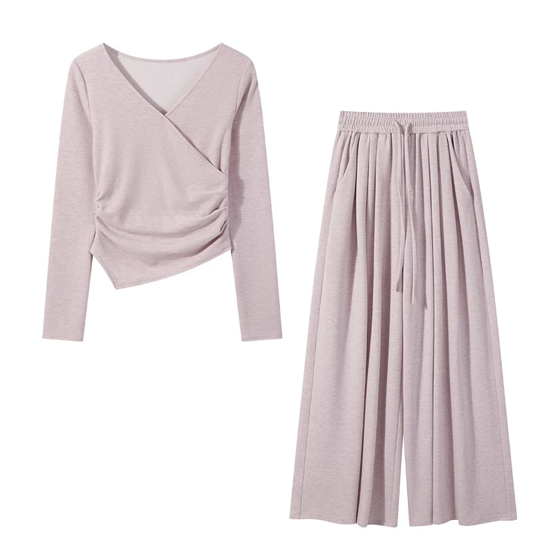 羊城故事-简约纯色垂感针织套装V领上衣松紧长裤裙子Y41248259