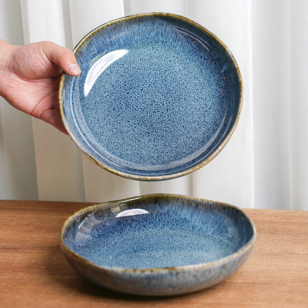 【瑕疵】釉下彩陶瓷盘子窑变云梦蓝深盘异形口高颜值家用汤菜盘J5D