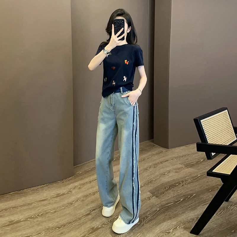 重工刺绣圆领短袖T恤女百搭显瘦上衣窄版阔腿裤美式直筒牛仔长裤
