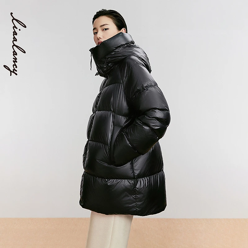 【专柜同款】90白鹅绒 高克重立领一手长短款亮面连帽加厚羽绒服女