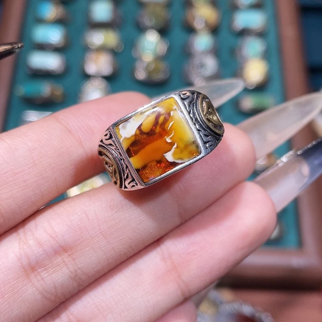 琥珀银S925镶嵌戒指