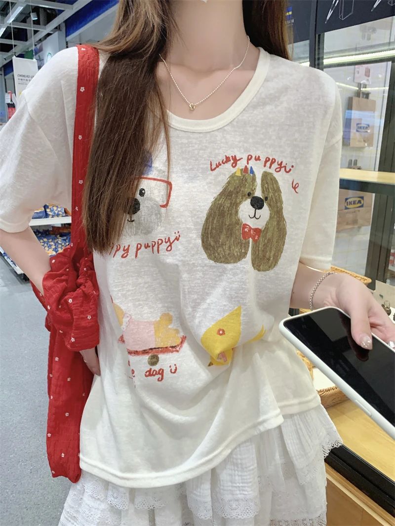 2025夏季新款可爱狗狗印花短袖T恤薄款慵懒百搭卡通可爱圆领上衣