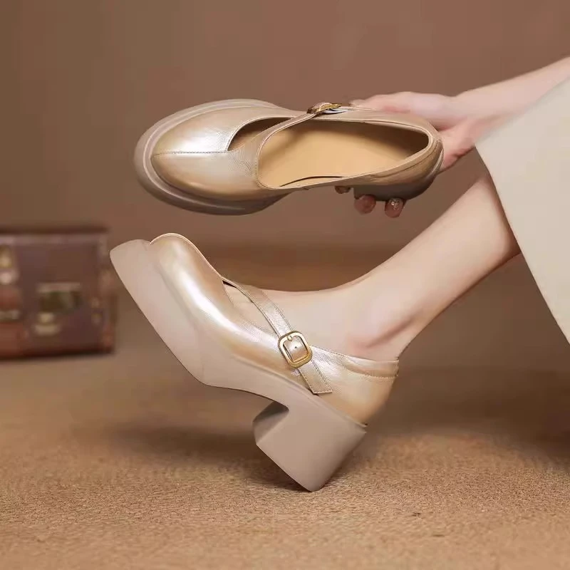 法式气质厚底粗跟玛丽珍鞋防水台配裙子2025夏新款增高清凉高跟鞋