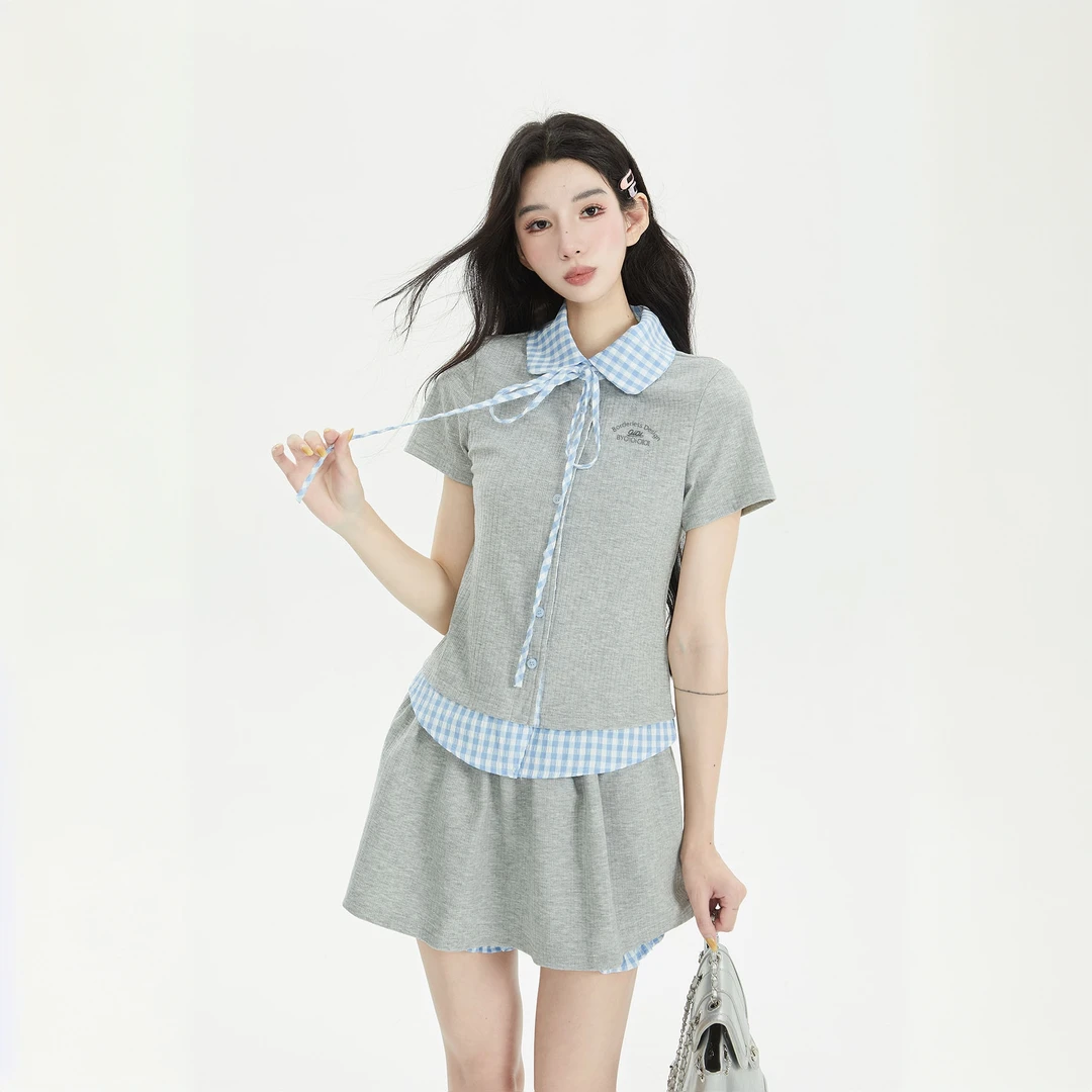 byo!oi OIOI夏季韩系学院风刺绣格子拼接设计假两件polo领t恤上衣