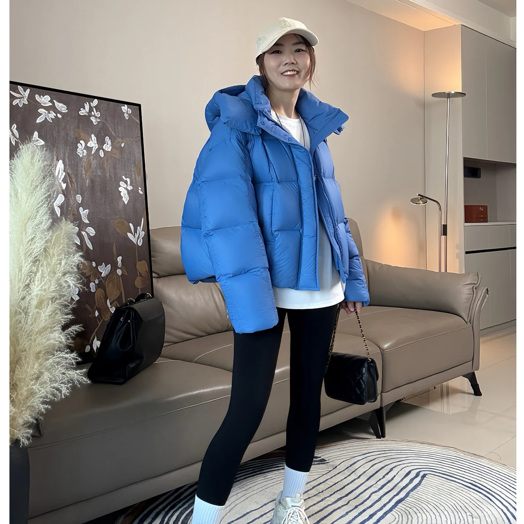 雪中飞优选蓝色短款羽绒服女小个子冬季新款加厚保暖连帽泡芙面包