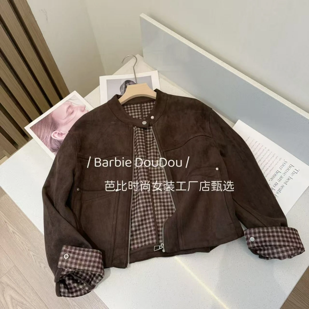 Barbie Ling 7830 韩系气质复合格子麂皮绒短款外套小个子