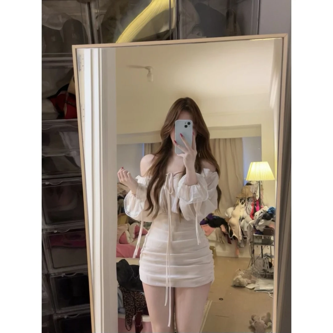 荔桃想睡觉ya【江南美人】纯欲气质收腰短裙包臀裙一字肩雪纺连衣