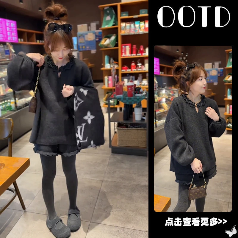 超火秋季穿搭一整套女2025新款圆领木耳边针织衫阔腿短裤两件套