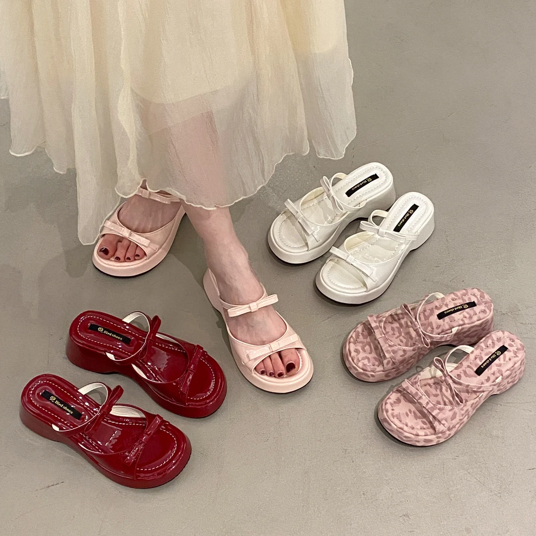 贾不假一字拖外穿女款2025夏季新款蝴蝶结豹纹厚底时尚百搭凉拖鞋