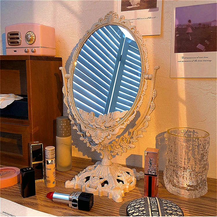 复古镜子ins化妆镜桌面便携双面镜学生宿舍立式旋转欧式梳妆镜qy