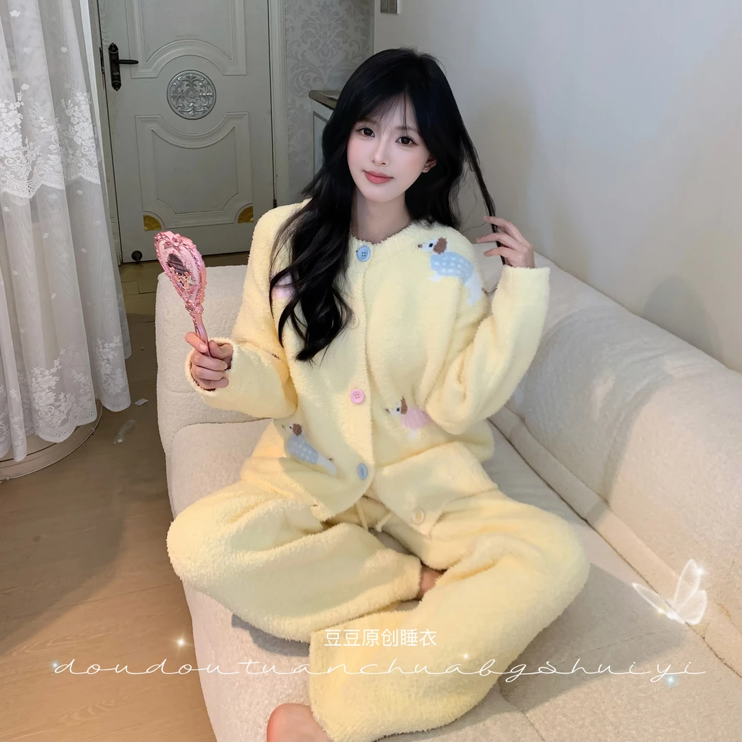 【蜡皮小狗】软绵绵可外穿半边绒可爱宽松保暖可爱睡衣女