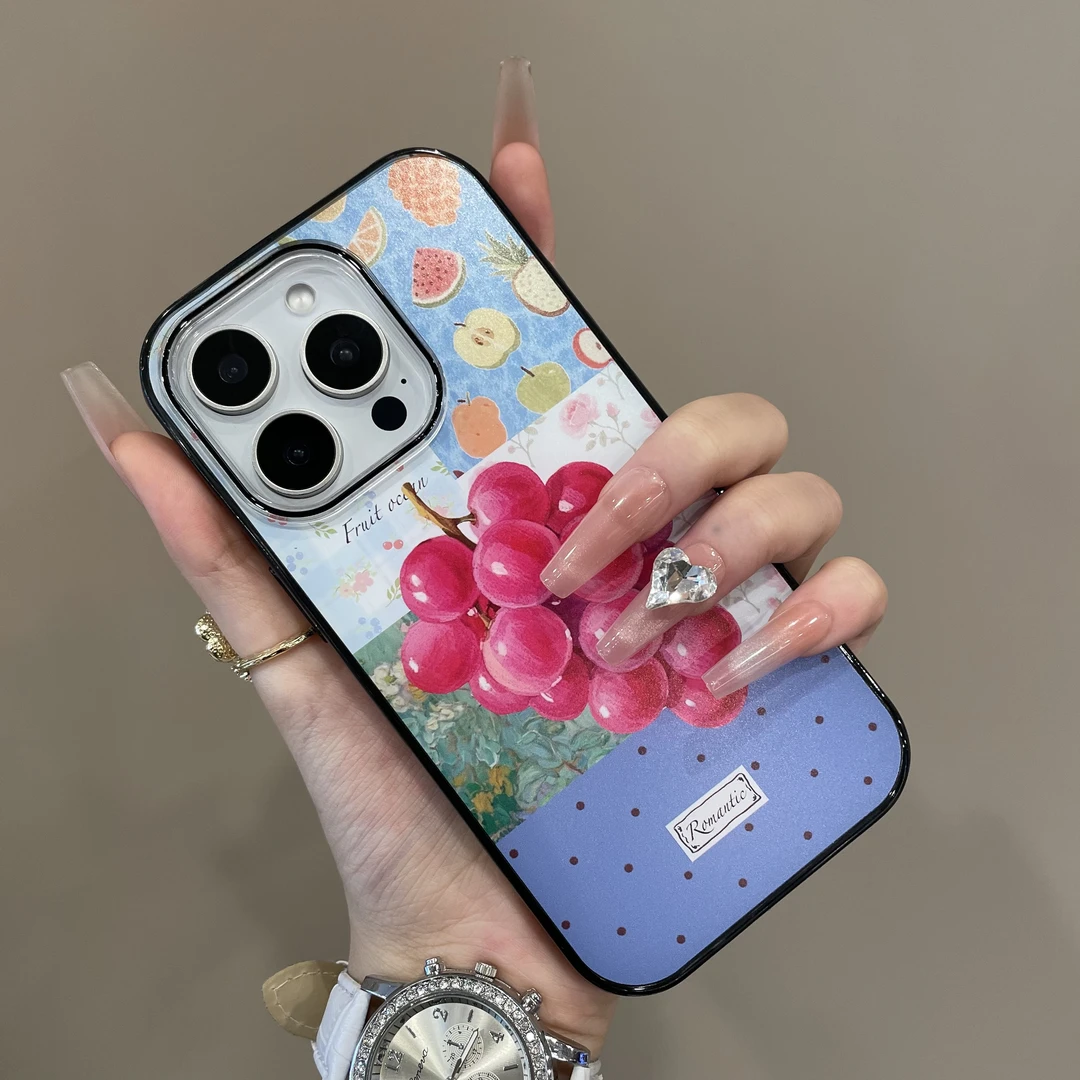 夏日ins风水果拼接格纹碎花适用iPhone16手机壳15pro小众14创意13