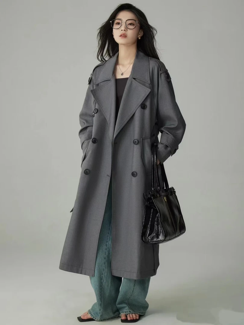 风衣外套女款2025新款高级感廓形大翻领双排扣长款气质卡其色大衣
