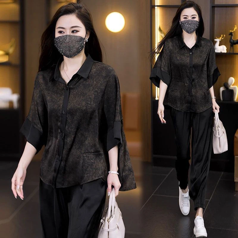 轻奢高端时尚套装夏季爆款妈妈宽松显瘦复古衬衫气质哈伦裤两件套