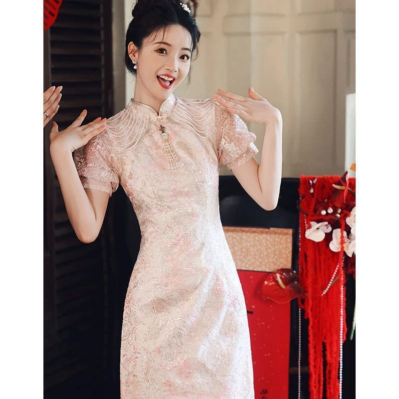 礼服蕾丝敬酒服新娘2025新款粉色订婚礼服连衣裙新中式旗袍回门