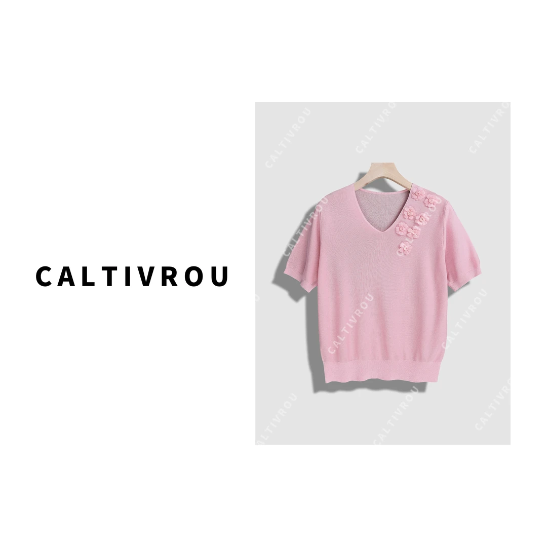 Caltivrou立体花朵V领宽松休闲显瘦针织衫-Y16545
